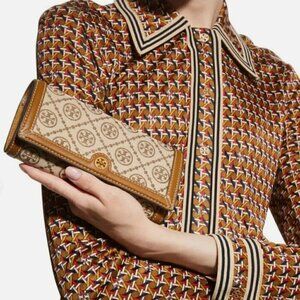 NEW! Tory Burch T Monogram Jacquard Wallet Crossbody -Hazelnut
